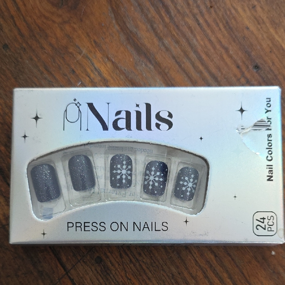 Nail Art Press-On Nails - Navy Blue With Silver Glitter